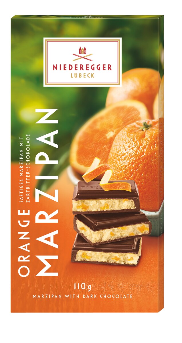 Marzipan-Tafel Schokolade Orange, zartbitter 51% Kakao, Mandelanteil 24%, 110 g Bar mit Orangenaroma