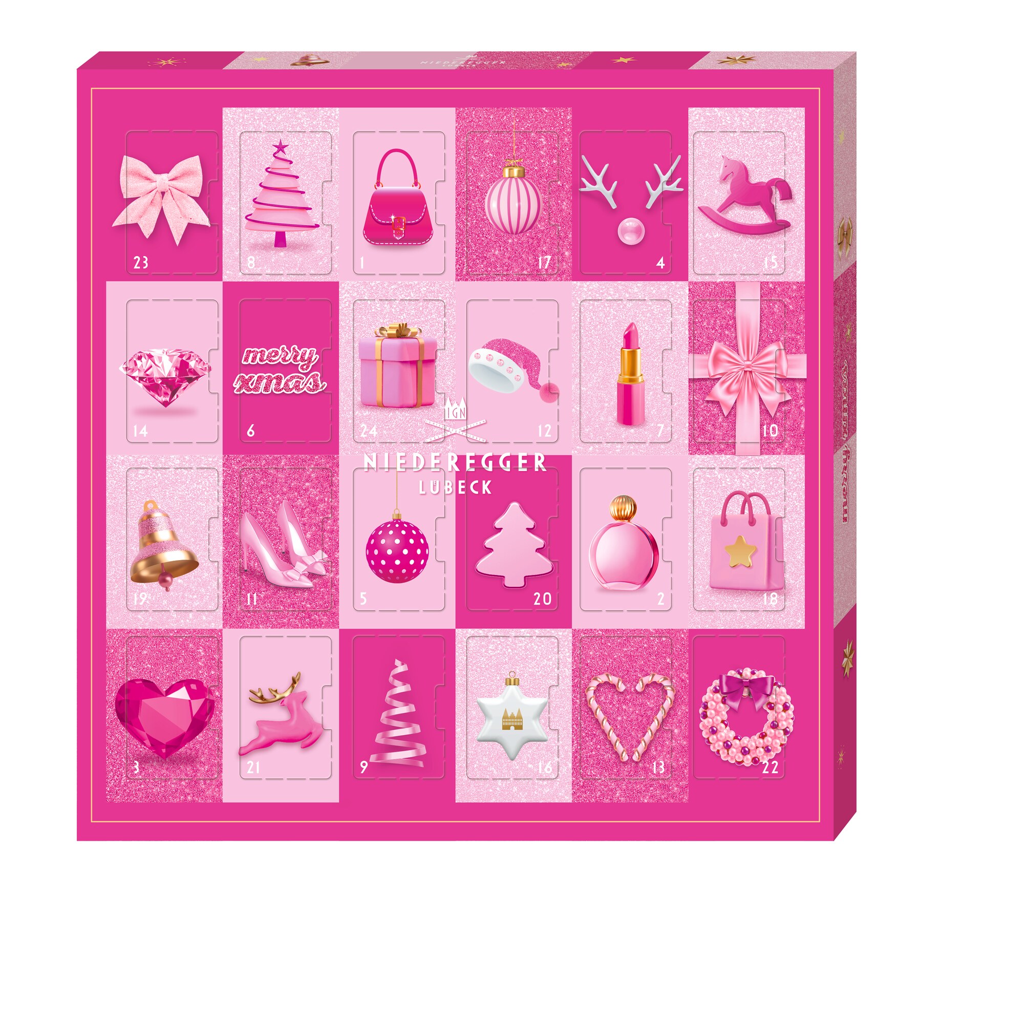 Niederegger Adv.-kal.mini Pink Glam. 177G, Packshot Vorderansicht