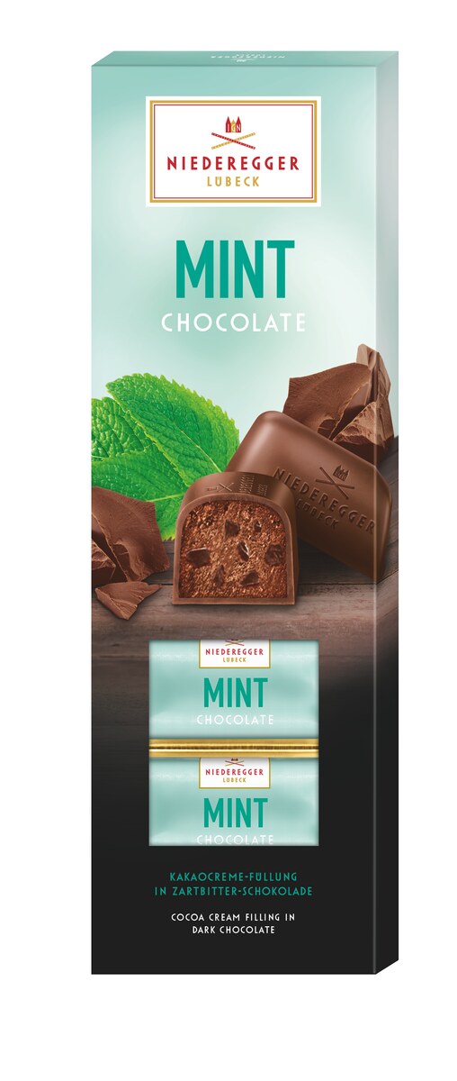 Pralinen Mint Pur Chocolate, 100 g Packung: Zartbitter-Schokolade mit Minz-Schokosplittern.