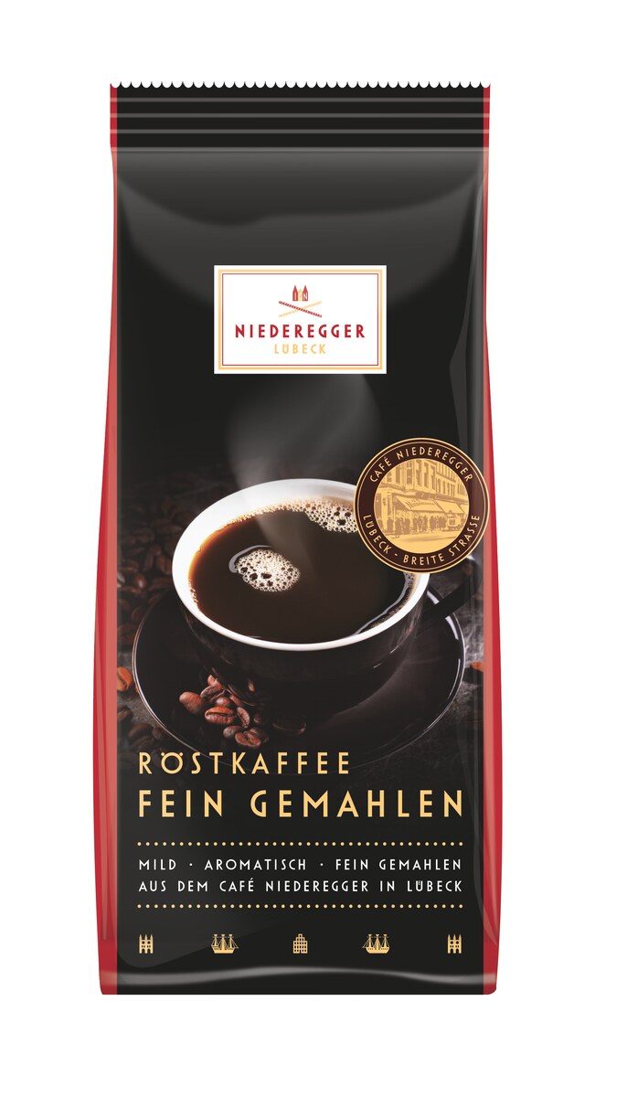 Röstkaffee gemahlen, 250 g Packung – Produktbild zeigt gemahlenen Kaffee als Kaffeezubereitung