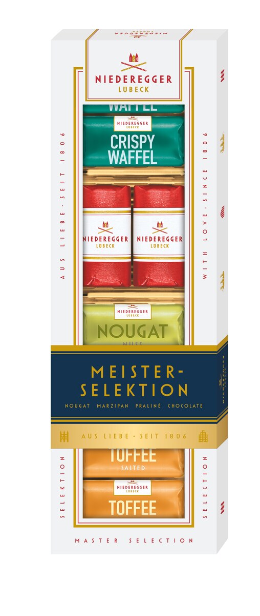 Meisterselektion Schokoladenmix, 100 g, Hauptbild zeigt gemischte Schokoladentafeln in mehreren Sorten.