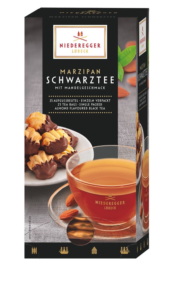Marzipan Schwarztee, 25 Doppelkammerbeutel, 43,75 g, mit Mandelaroma und Vanillearoma