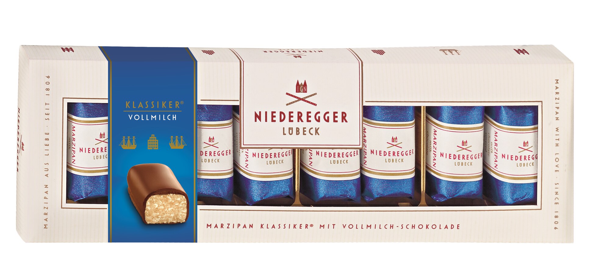 Marzipan Klassiker®, Vollmilch – Schokoladenüberzug, 100 g, Mandeln 40 %, Vollmilch-Schokolade 29 %