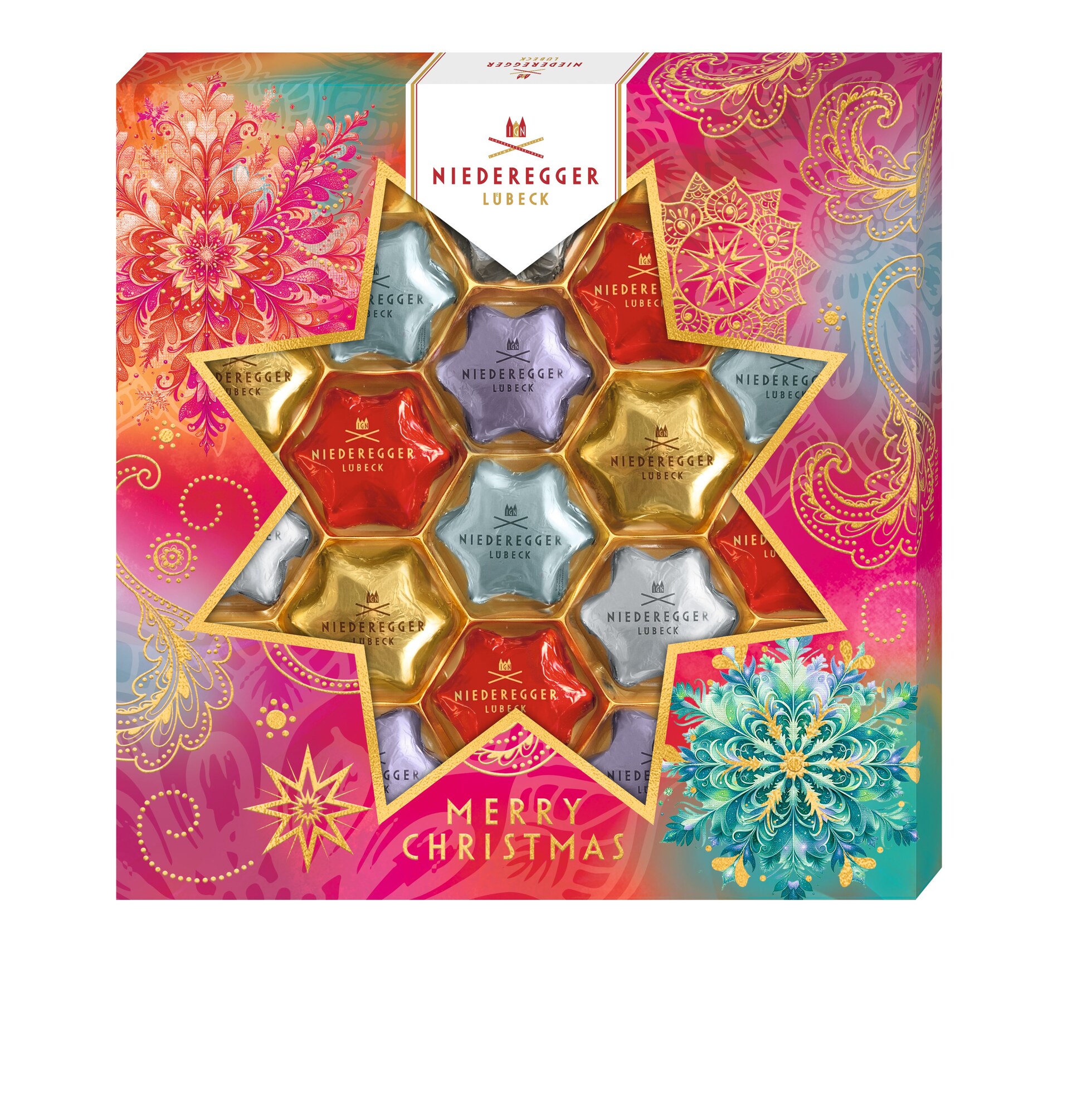 Niederegger Merry Christmas Sterne 250G, Packshot Vorderansicht