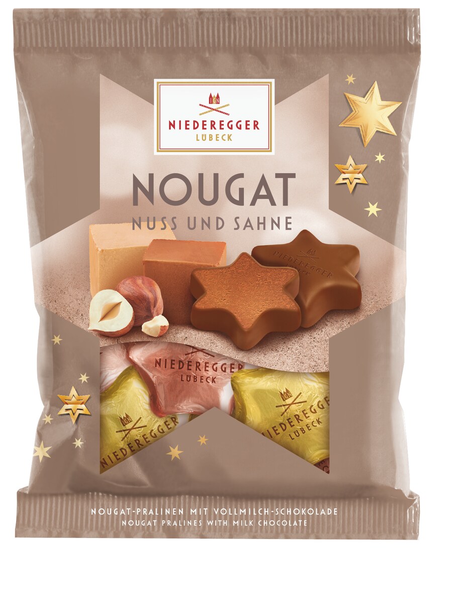 Nougat Sterne im Beutel Nuss & Sahne, Schokoladen-Sterne mit Haselnuss und Sahne, 87 g